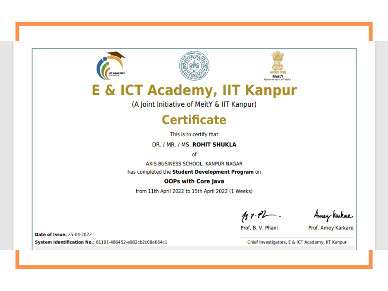 OOPs with Core Java certificate from E & ICT Academy, IIT Kanpur
